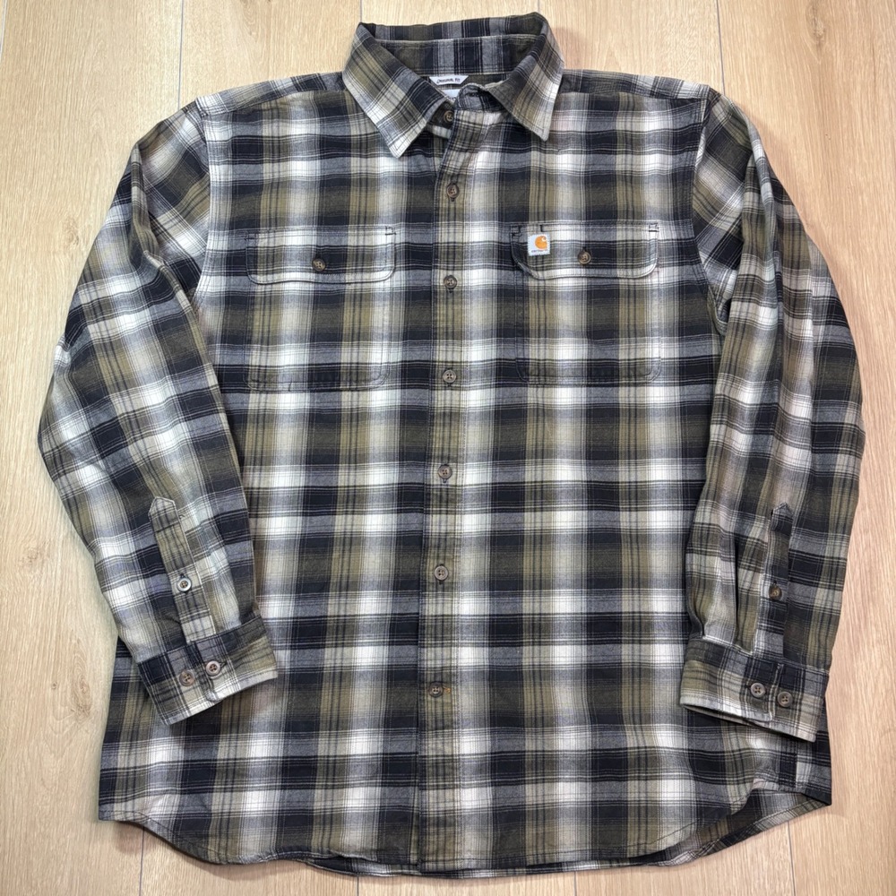 Carhartt Mens Flannel Shirt Original Fit Plaid Cotton Olive Long Sleeve 14806